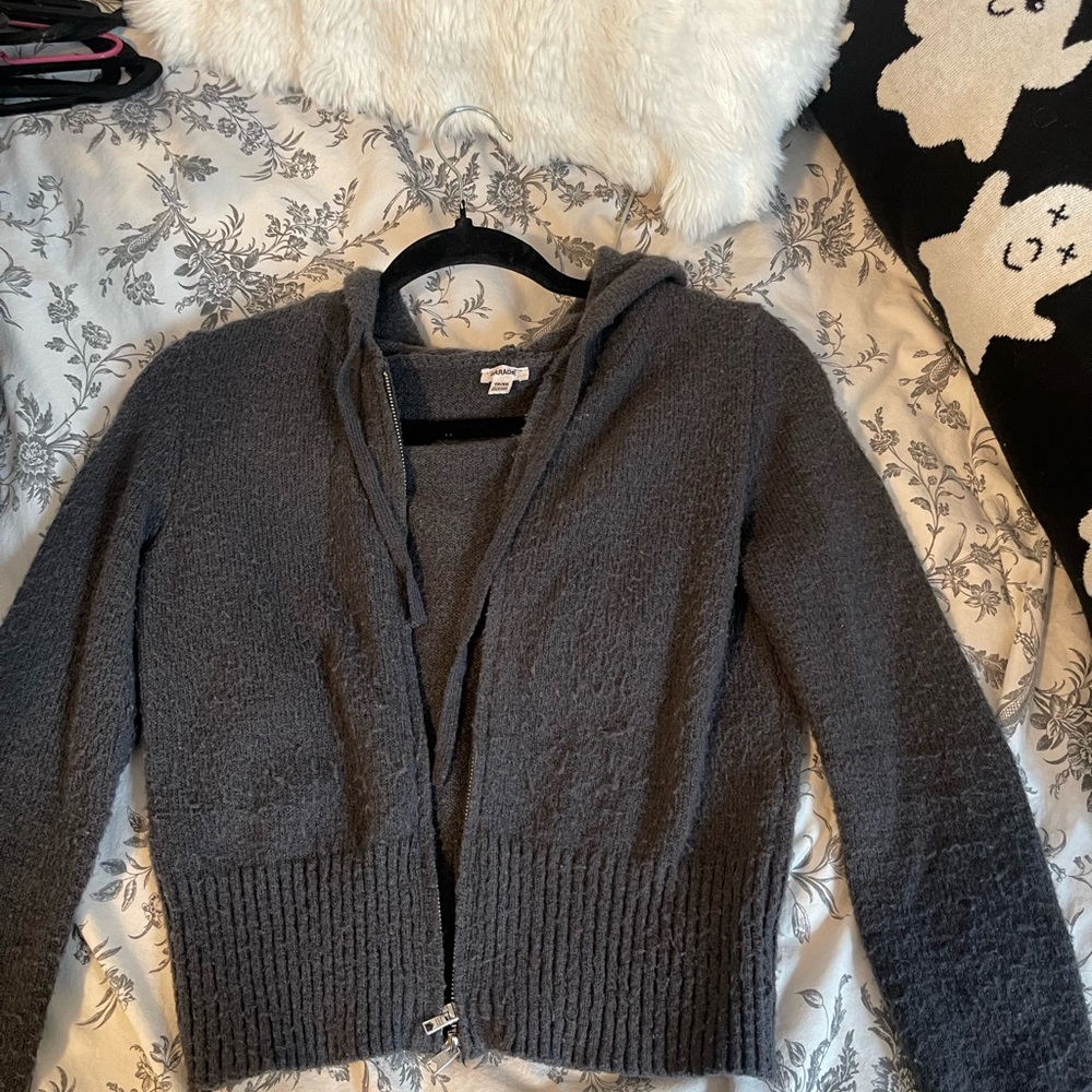 S - Garage Gray Fuzzy Hooded Women's Sweater